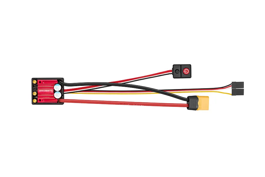 Hobbywing QuicRun brushless electronic speed controller with red heatsink, attached wires, power switch, and XT60 connector.