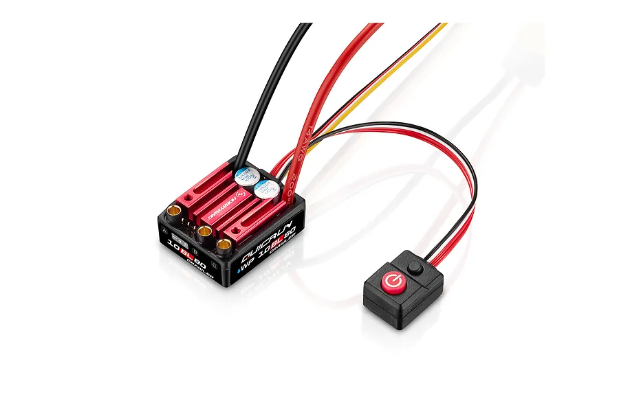 Hobbywing QuicRun 10BL80 brushless electronic speed controller with attached power wires and external switch.