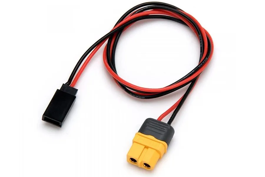 An XT60 female to Futaba J charging lead with red and black wires coiled on a clean white background.