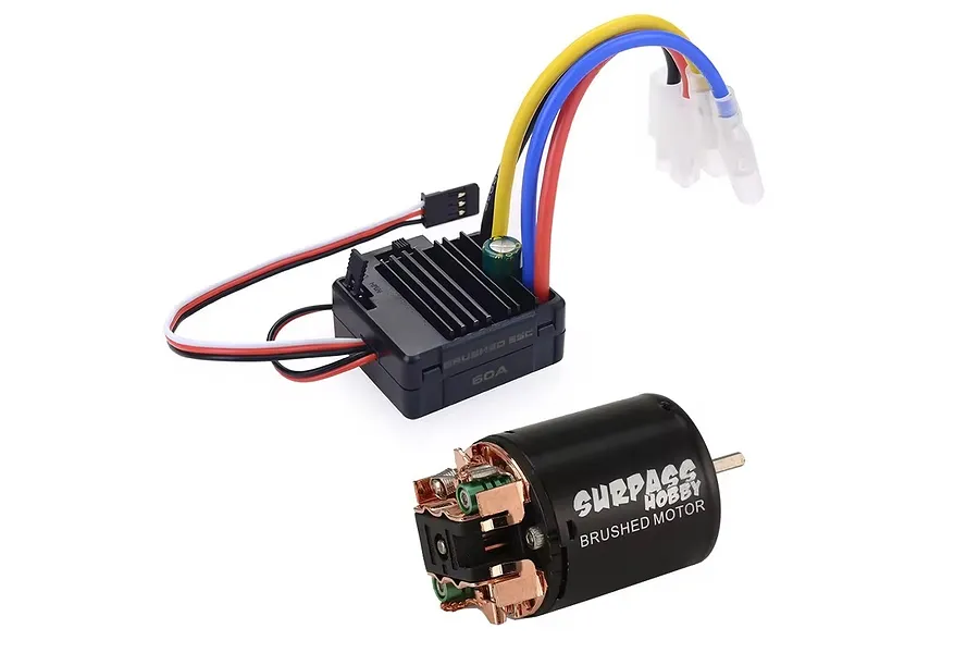 Surpass 60A electronic speed controller and brushed motor combo with wired connectors on a white background.