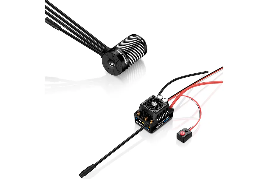 Hobbywing EzRun Max10 G2S ESC and 3665SD brushless motor combo laid out on a white studio background.