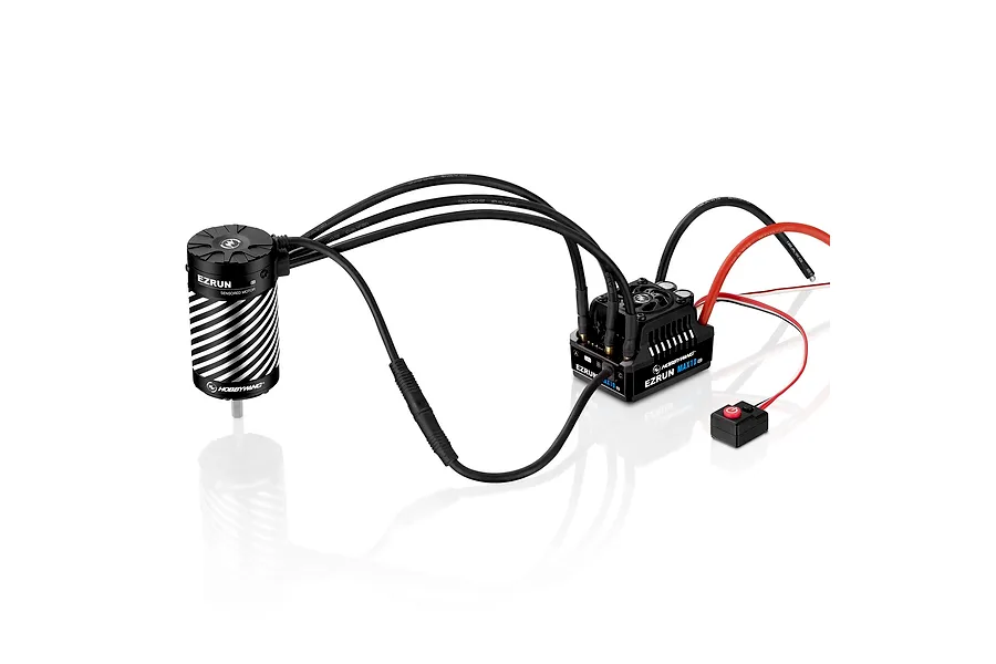 Hobbywing EzRun Max10 G2S ESC and sensored brushless motor combo with black and silver finish, connected by heavy-duty wires.