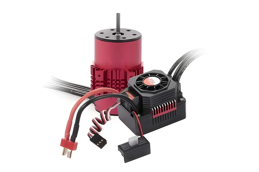 Surpass Rocket brushless motor and waterproof ESC combo in red and black against a white background.