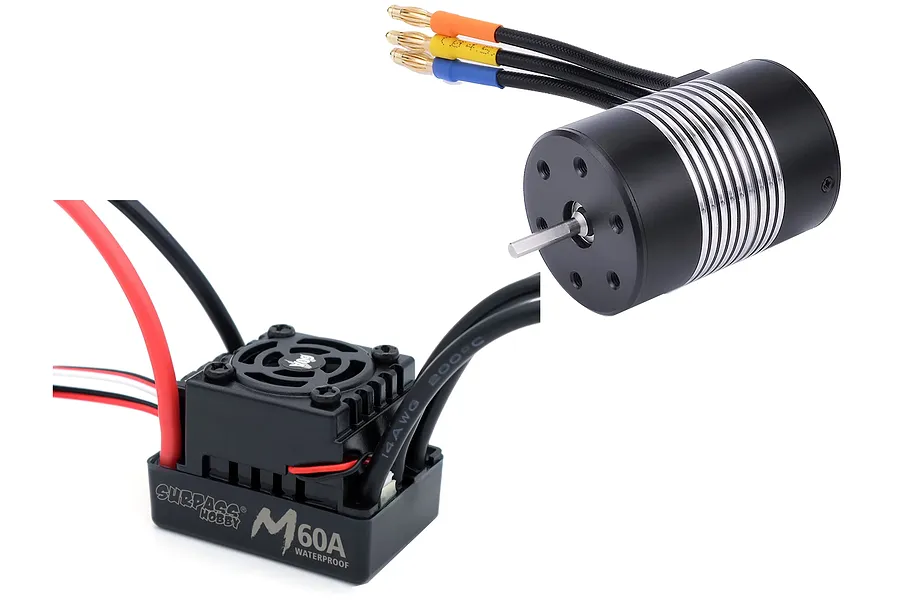 Surpass Rocket waterproof 60A electronic speed controller and matching black brushless motor combo against a white background.