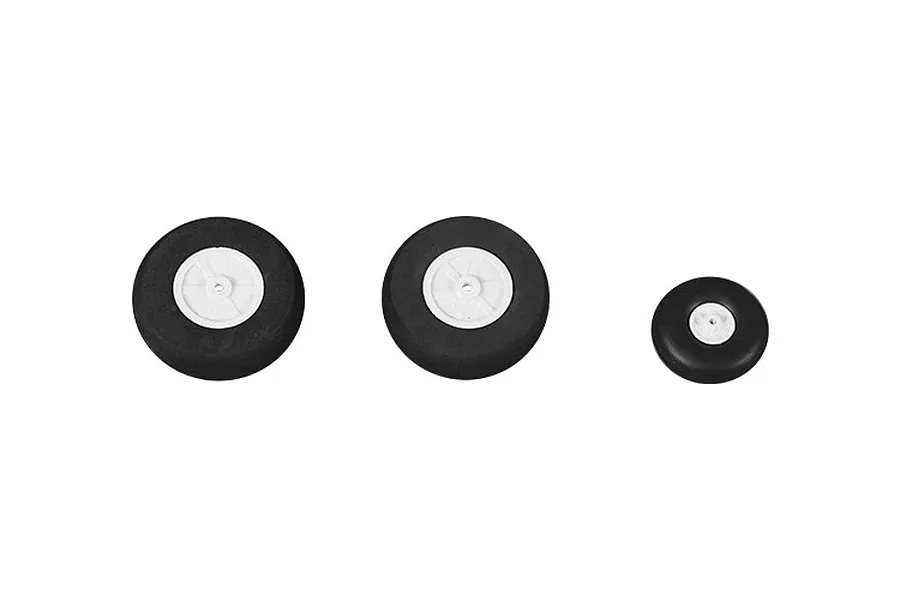 FMS RC plane wheel set featuring two larger foam wheels and one smaller wheel against a clean white background.