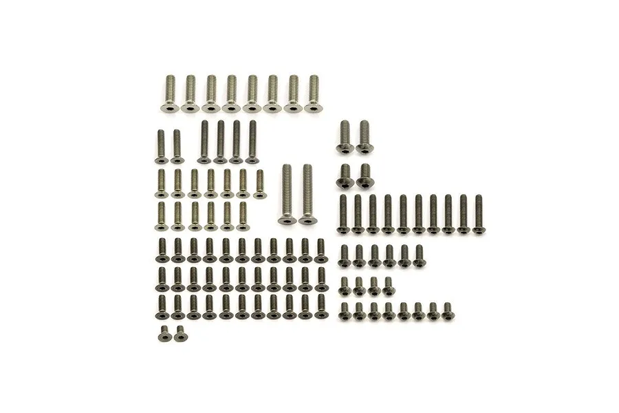 Kyosho Inferno MP10 complete titanium screw set laid out neatly on a clean white background.