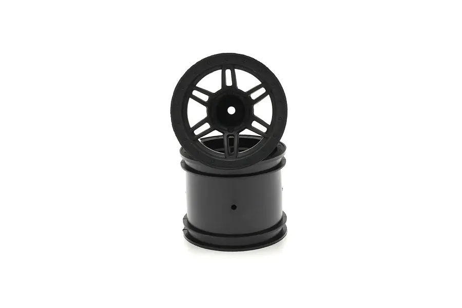 Two black plastic RC monster truck rims stacked vertically on a clean white background.
