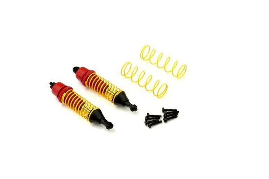 Kyosho adjustable complete shock absorbers with red caps, yellow springs, extra yellow springs, and mounting hardware.