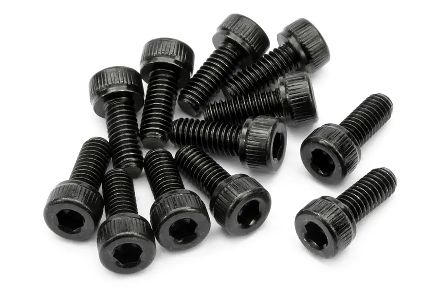 A pile of ten black metal cap head screws with hex sockets, displayed on a clean white background.