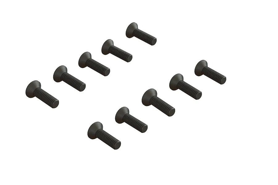 Ten black countersunk head screws arranged neatly on a plain white background.