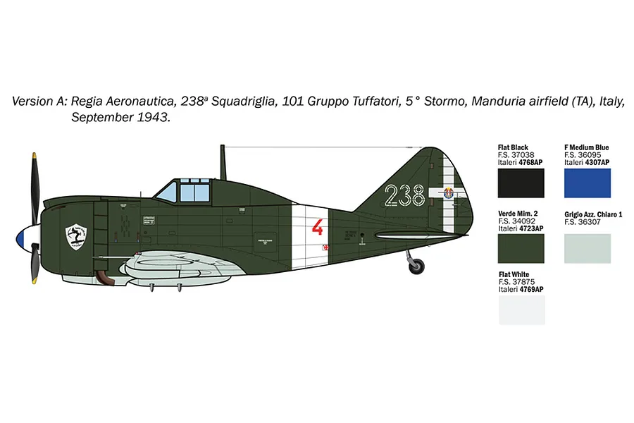 Profile illustration showing Version A paint scheme and color guide for Italeri 1/72 Reggiane Re.2002 Ariete model.