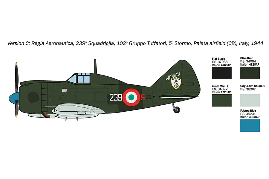 Colour and markings guide diagram for an Italeri Reggiane Re.2002 Ariete aircraft model showing paint color swatches and camouflage scheme.