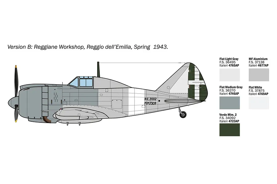 Painting guide diagram showing side profile and paint color swatches for Version B of the Reggiane Re.2002 model kit.