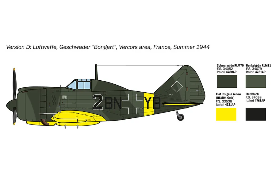Profile illustration showing camouflage paint scheme and markings for Version D of the Italeri Reggiane Re.2002 model kit, including color swatches.