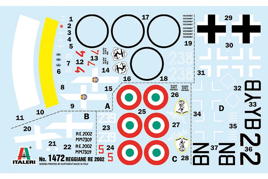 A sheet of waterslide model decals for the Italeri 1/72 Reggiane Re.2002 model kit, featuring Italian and German markings.