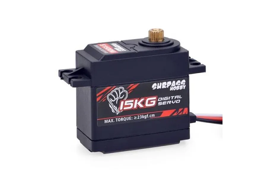 Surpass S1500M digital servo featuring a black plastic case, gold output gear, and a label showing 15KG torque against a white background.