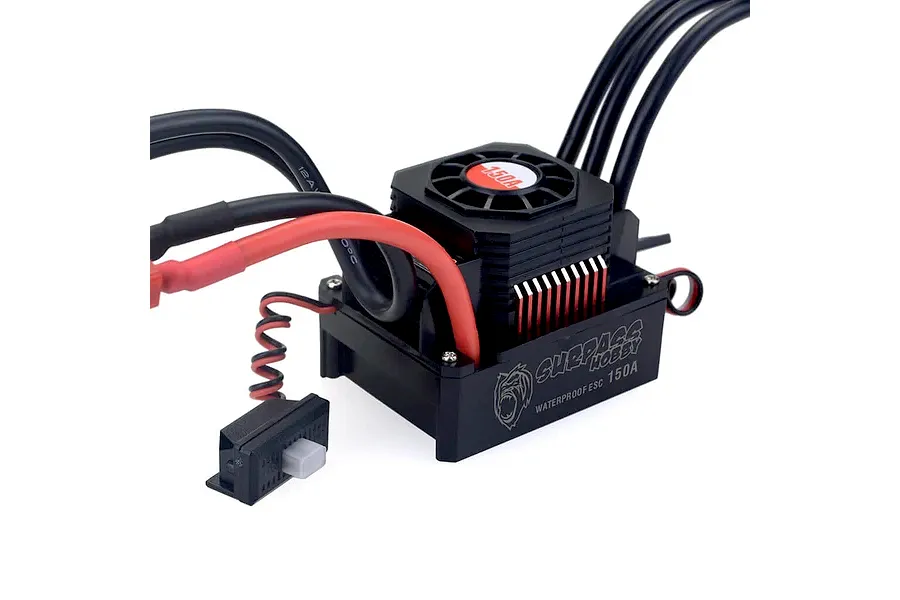 Surpass 150A waterproof brushless electronic speed controller with cooling fan, power wires, and switch against a white background.