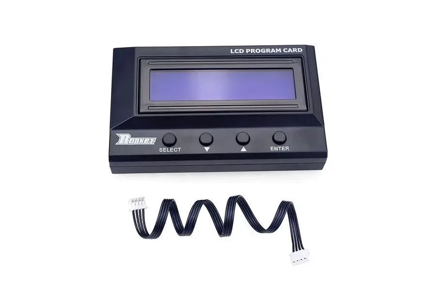 Surpass Rocket black LCD program card with four buttons and a connecting cable on a white background.