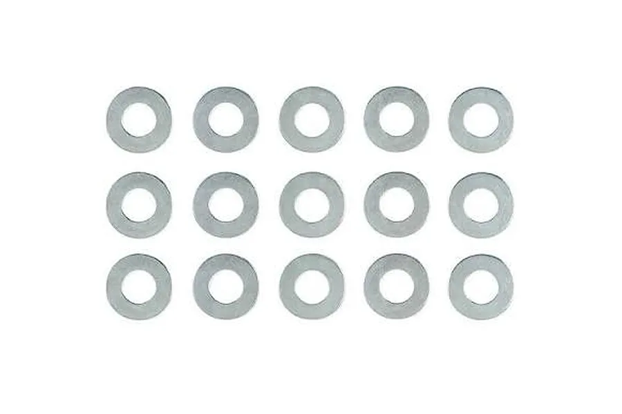 Fifteen flat steel washers arranged in three rows of five against a plain white background.