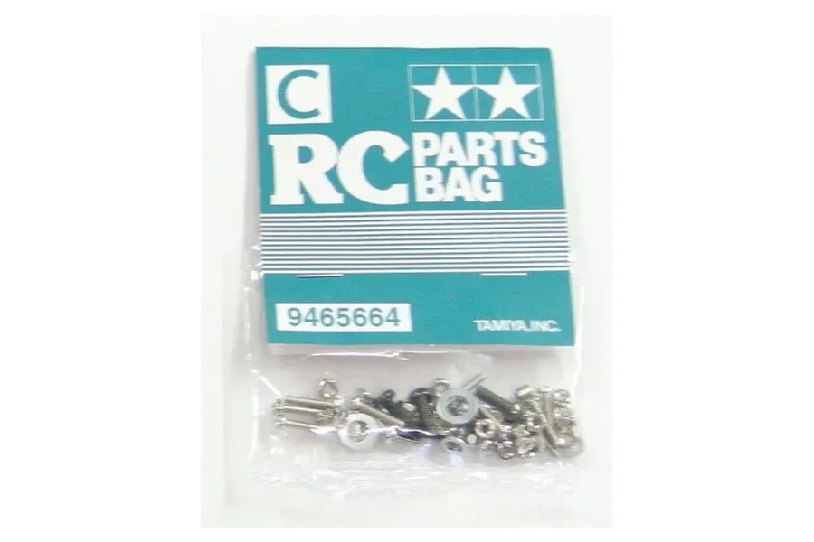Tamiya Parts Bag C screw kit in original packaging with header card, showing assorted metal screws, nuts, and washers on a white background.