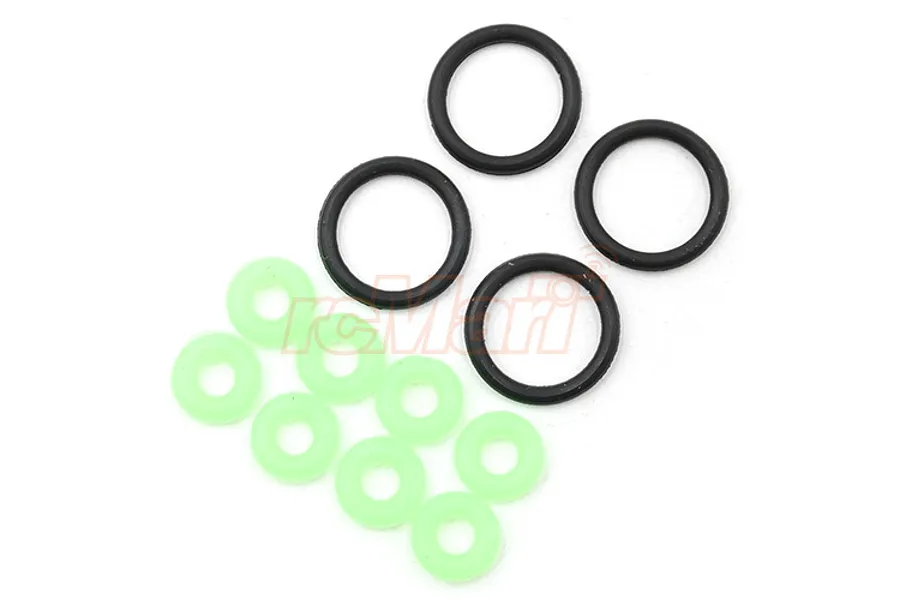 Yeah Racing DDC Shocks O-Ring Set featuring four larger black o-rings and ten smaller light green o-rings arranged on a white background.