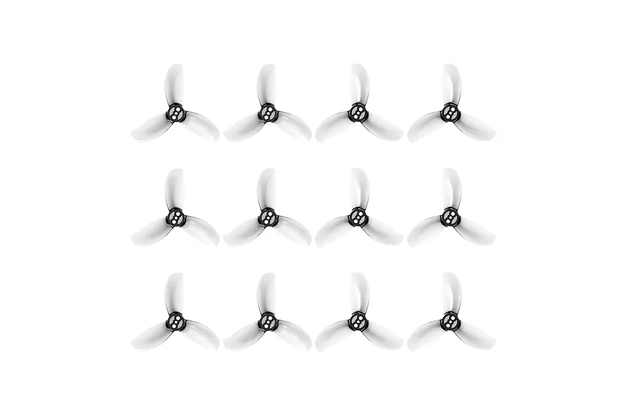 Set of twelve clear grey 3-blade propellers for RC drones arranged in a 3x4 grid against a white background.