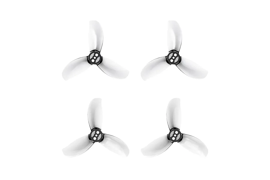 Four clear grey 3-blade propellers arranged in a two by two grid on a plain white background.