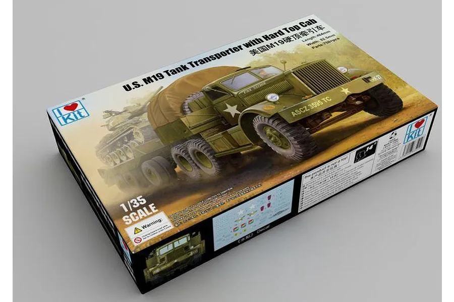 I Love Kit 1/35 M19 Tank Transporter model kit box showing artwork of a military truck and trailer.