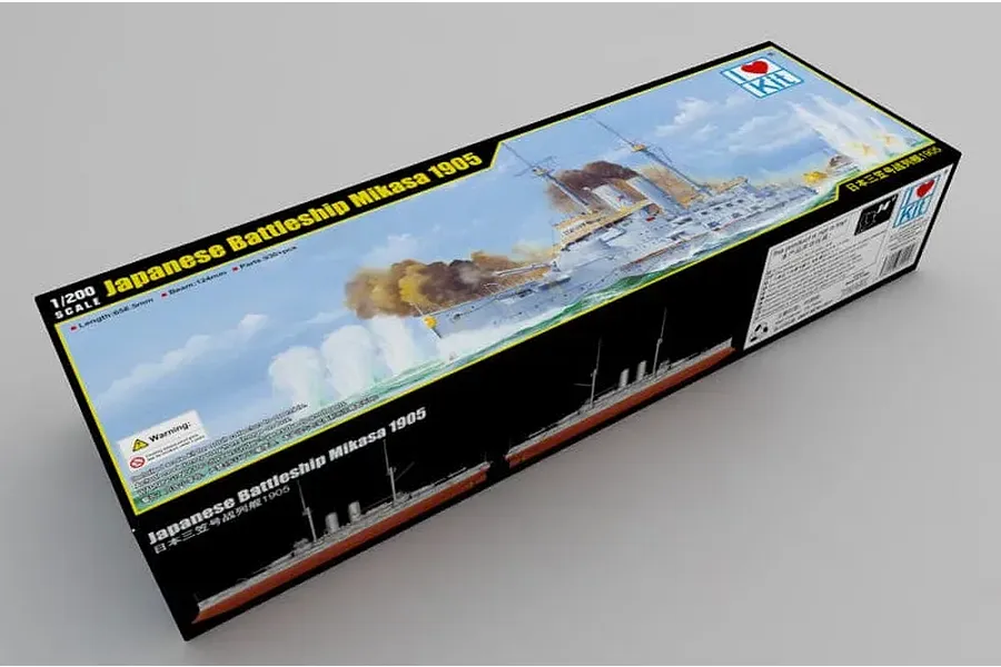 Product box for I Love Kit 1/200 Mikasa 1905 Battleship plastic model kit featuring box art of the ship.
