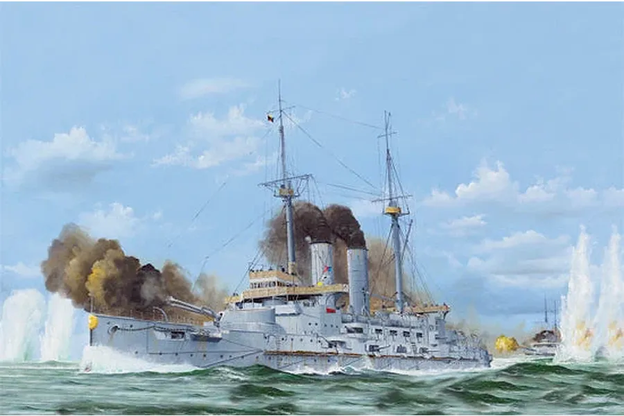 Painted box art of the I Love Kit 1/200 Mikasa 1905 Battleship model kit firing its cannons at sea.