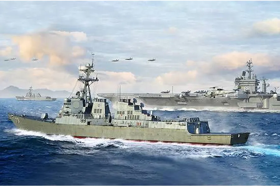 Box art illustration of the I Love Kit 1/200 USS Oscar Austin DDG-79 Destroyer model navigating ocean waters alongside an aircraft carrier.
