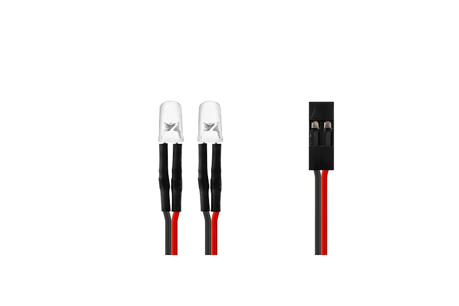 Two clear LED lights connected to black and red wires ending in a black connector pin against a white background.