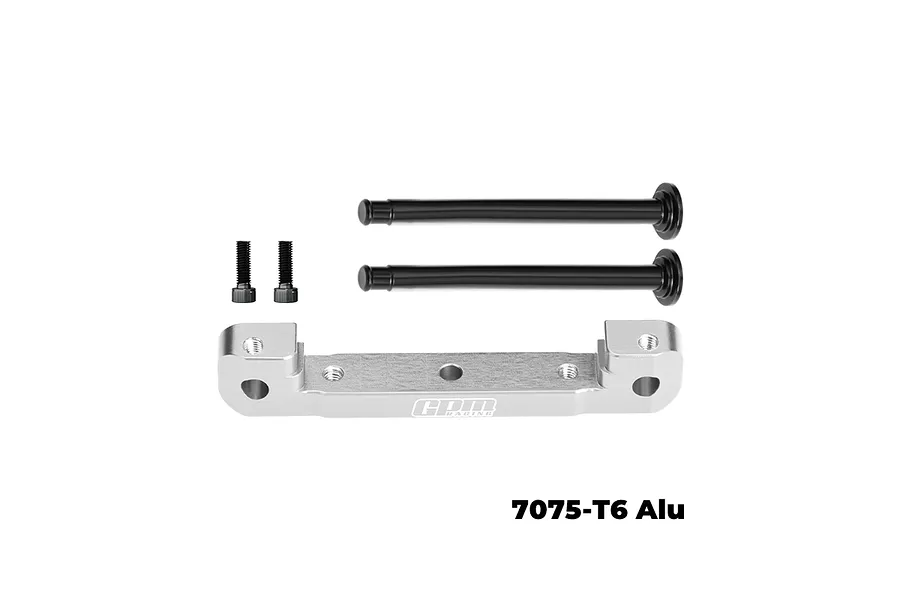 GPM aluminium front upper suspension mount in silver with included pins and screws against a plain white background.