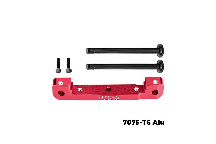GPM red aluminium front upper suspension mount with two hinge pins and two screws on a white background.
