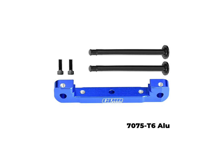 GPM blue aluminium front upper suspension mount with two hinge pins and two screws on a white background.