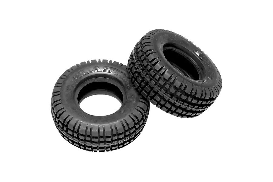 Two black rubber RC buggy rear tyres featuring prominent tread blocks and embossed sidewall lettering on a clean white background.