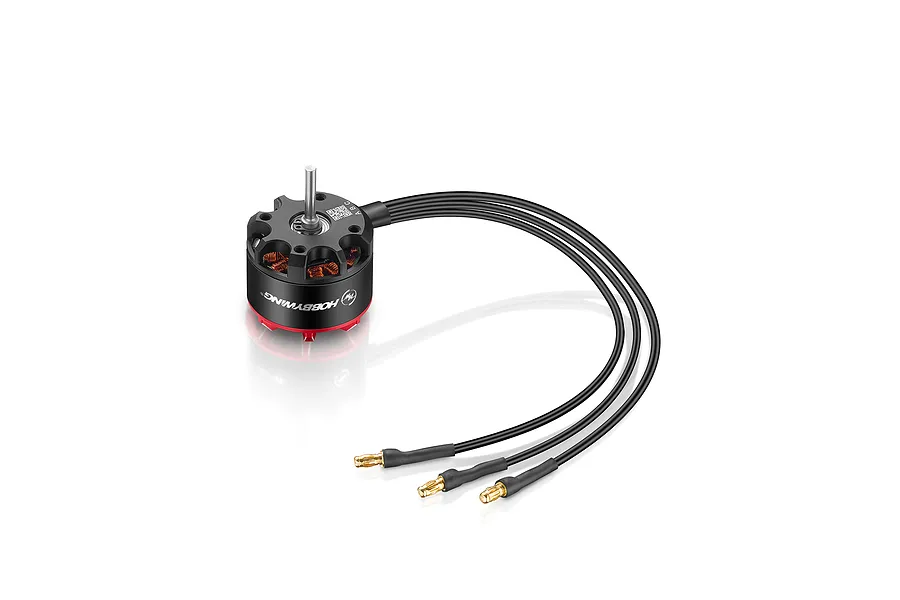 Hobbywing brushless electric motor in black and red with three attached wires featuring gold bullet connectors on a white background.