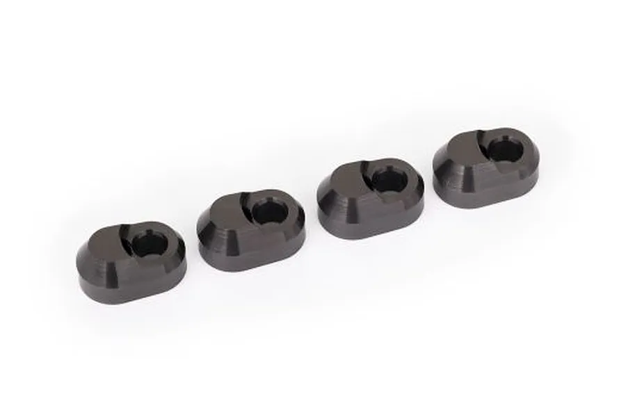 Four grey aluminium suspension pin retainers laid out in a row against a clean white background.