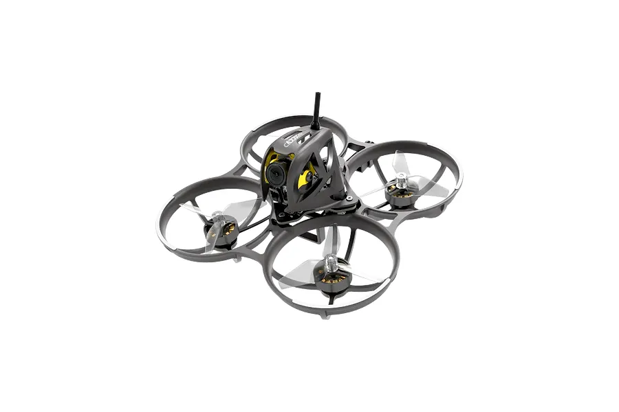 CaddxFPV Curve Micro FPV Drone in black with propeller guards, camera canopy, and transparent propellers against a white background.