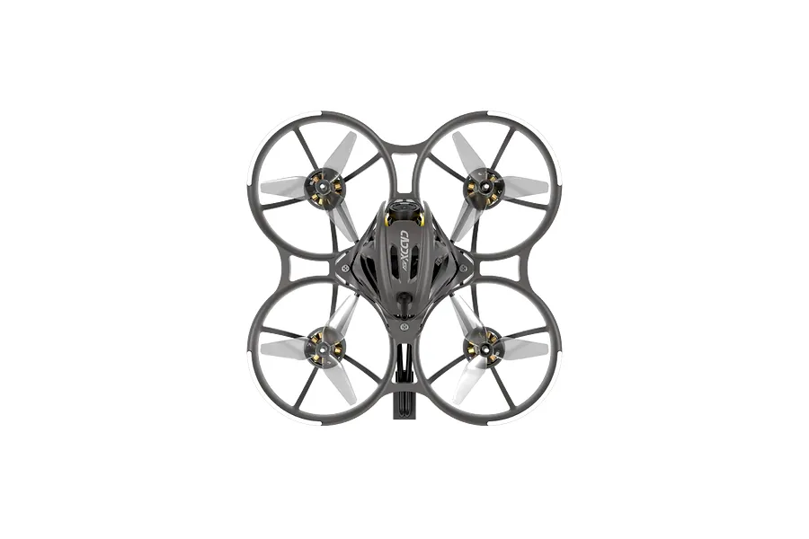 Top down view of the CaddxFPV Curve Micro FPV Drone in black featuring ducted propellers and a central camera frame.