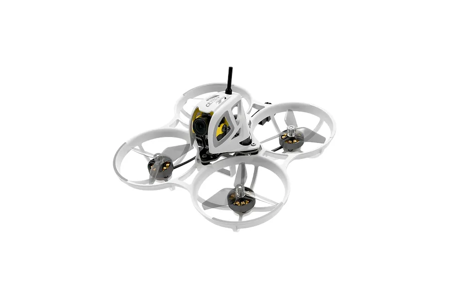 CaddxFPV Curve Micro FPV drone in white with protective propeller ducts, FPV camera, and antenna against a dark background.