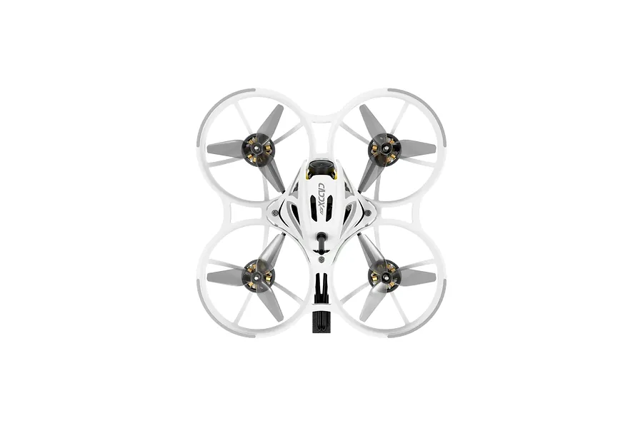 Top-down studio shot of the white CaddxFPV Curve Micro FPV Drone showing its quadcopter frame, propeller guards, and camera.