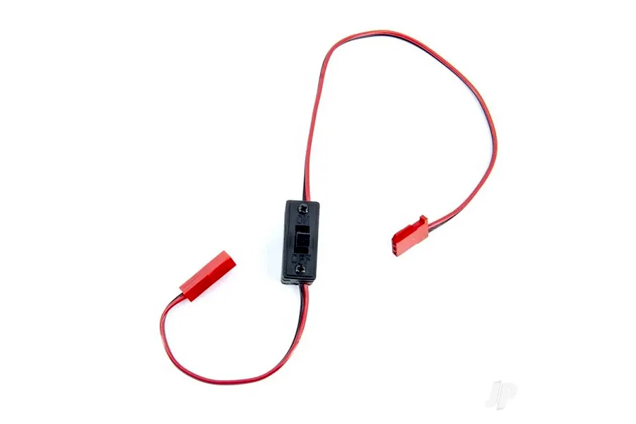 Futaba SSW-GS switch harness featuring a black slide switch, red and black wires, and red connectors against a white background.
