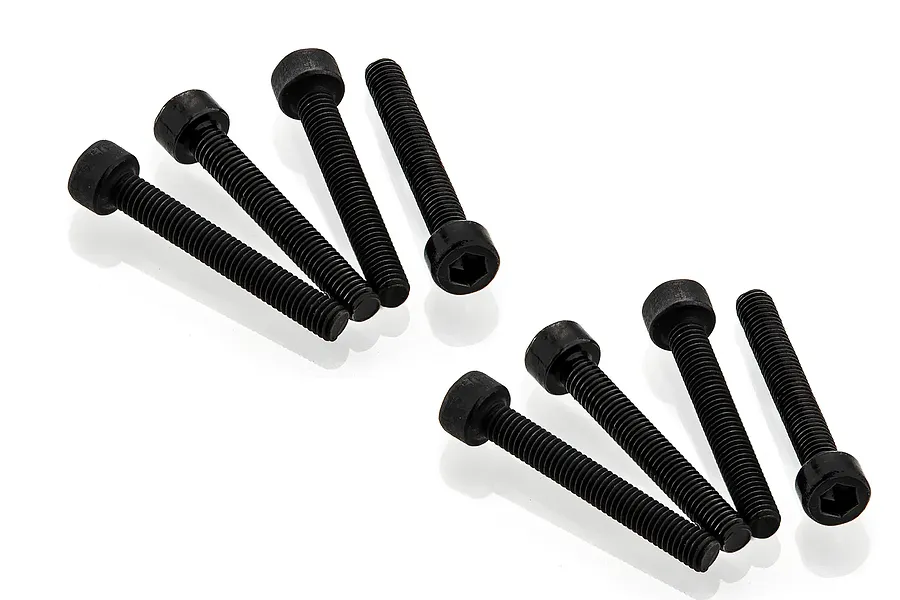 Eight black metal cap head screws arranged in two groups of four on a white background.