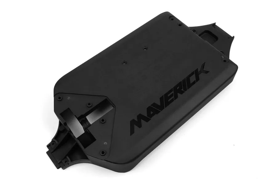 Black plastic RC main chassis plate for Maverick with embossed MAVERICK logo on a plain white background.