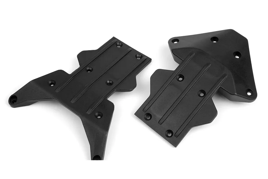 Two black molded plastic RC skid plates shown from above against a clean white background.