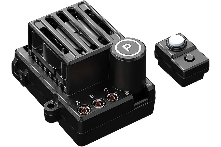 MJX RC E45P electronic speed controller with cooling fan enclosure and a separate power button module against a white background.