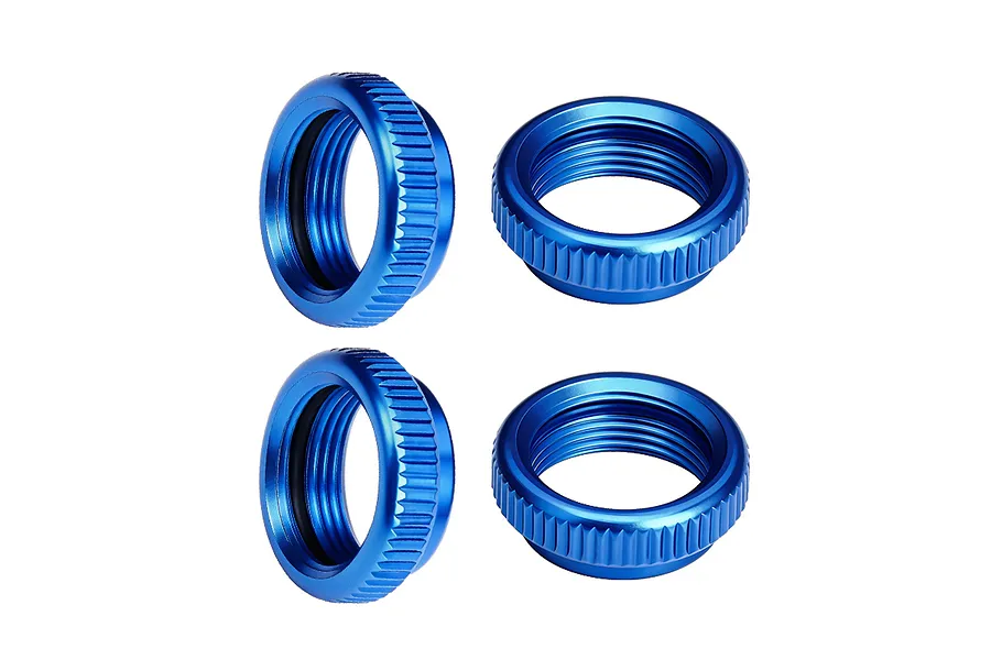 Four blue anodized aluminium shock collars shown from angled and top perspectives on a plain white background.
