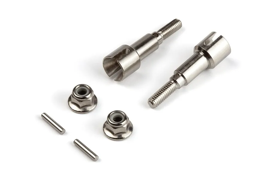 BlackZon metal rear axles with wheel nuts and pins on a white background.