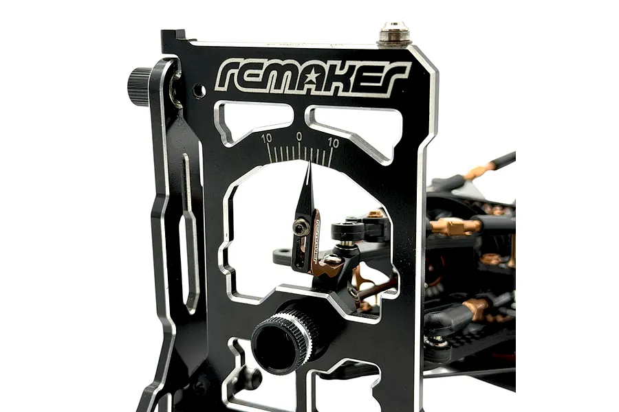RC Maker adjustable caster tool mounted and in use on an RC car suspension against a white background.